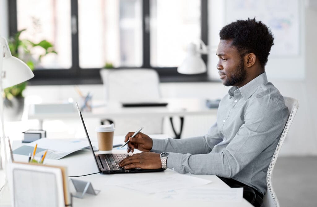 man conducting video interviews in recruitment